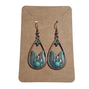 Vintage Style Patina Bronze Teardrop Dangle Earrings Feather Bead Boho Design